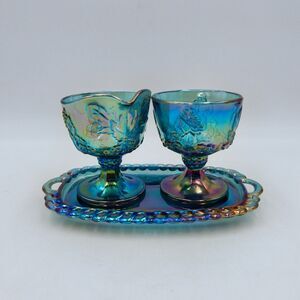 Indiana Carnival Glass Harvest Grapes Creamer Sugar Tray Set Iridescent Blue USA